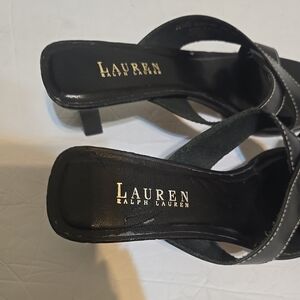 Lauren Ralph Lauren Black Leather Crisscross Slip-On Heeled Mules